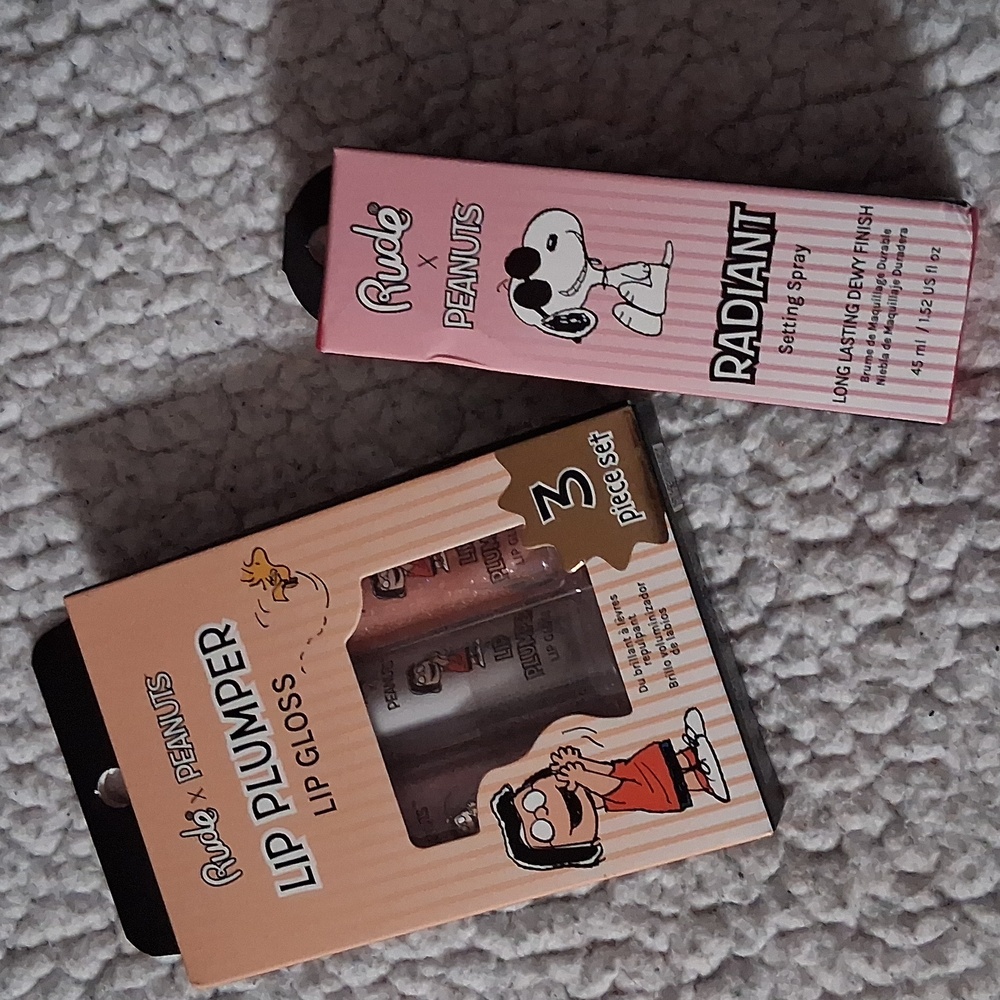 NWT Rude Cosmetics - Peanuts Radiant Setting Spray & Lip Plumper Gloss 3pc